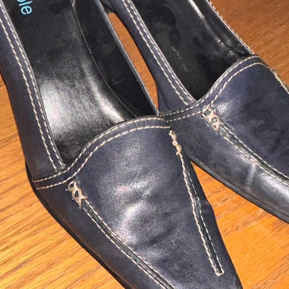 Nicole Blue Denim Leather Contrast Stitch Y2K Business Kitten Heels